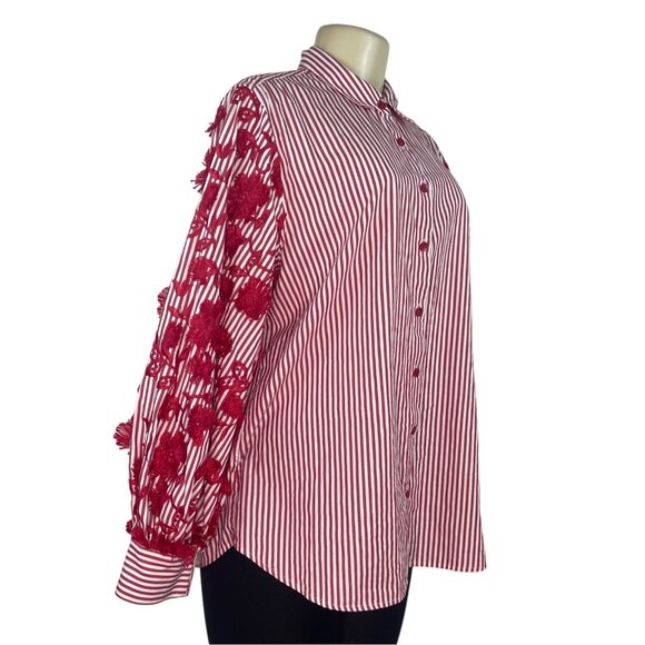 Chicos Red & White Striped Button-Up Shirt W/ Floral Lace Sleeves Size 12 - Picture 2 of 8